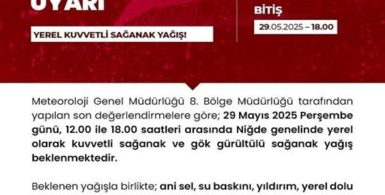 Niğde’de kuvvetli sağanak yağış uyarısı